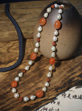 天然川料南红玛瑙珍珠项链耳环女