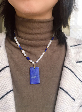 欧美青金石无事牌不对称珍珠项链