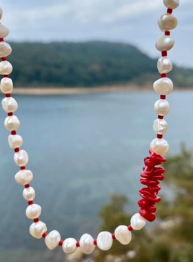 欧美淡水珍珠海竹珊瑚不对称项链