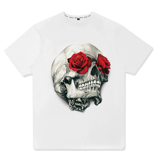 欧美原创个性化骷髅头男士T恤 创意烟鬼印花圆领短袖T恤衬衫