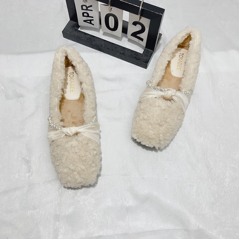 方头浅口羊羔毛百搭舒适加绒单鞋