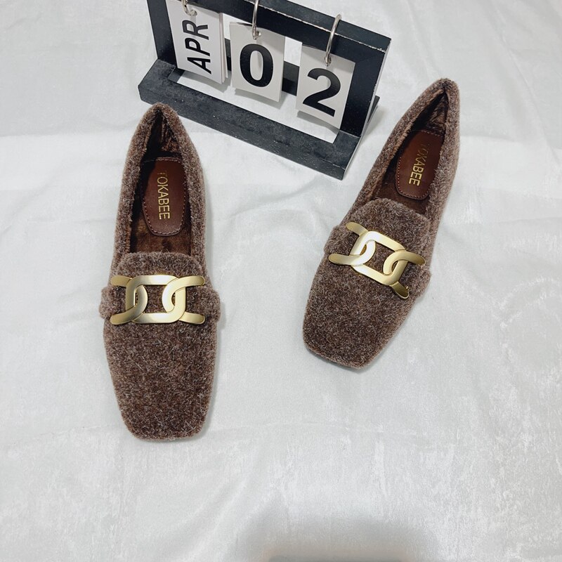 复古舒适加绒软底金属扣毛毛鞋女