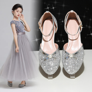 女童凉鞋水晶公主鞋女儿童高跟鞋中大童主持演出鞋小女孩配礼服鞋