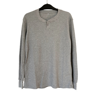 上衣 外贸男纯棉华夫格打底衫 日单一粒扣亨利领华夫格透气长袖 T恤