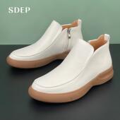 白色头层牛皮软皮软底高帮加绒加厚保暖皮鞋 新款 子 男士 SDEP秋冬季