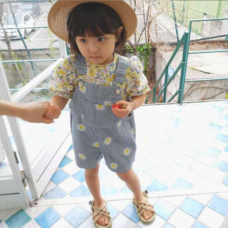 韩国进口春夏薄款女童花朵牛仔条纹工装连体裤 柔软舒适背带短裤