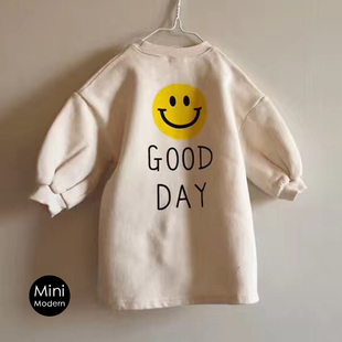 韩国进口春秋款女童全棉舒适透气四叶草粉领笑脸卫衣长袖连衣裙