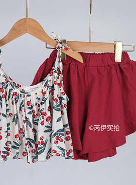 韩国进口Puell夏薄女童时尚蕾丝吊带上衣 花朵树叶长裤花边短裤