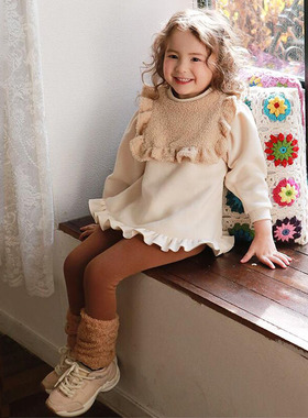 韩国进口Puell秋冬女童纯棉加绒加厚个性长袖卫衣裙翻边打底长裤