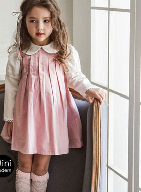 韩国进口Puell春秋女童纯棉舒适气质花边娃娃领荷叶边长袖连衣裙