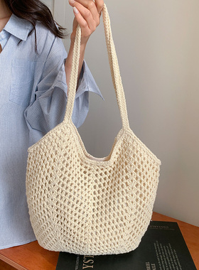 韩风chic钩织包网格包女夏天海边沙滩包手工编织镂空单肩托特大包