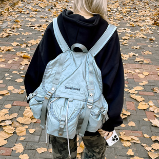 韩国小众设计休闲褶皱双肩包2025新款 尼龙百搭大容量轻便旅行背包