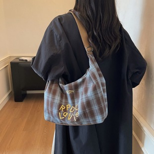 复古格子帆布托特包女2025秋新款大容量单肩斜挎包学生上课通勤包