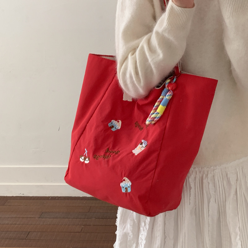 卡通小狗刺绣帆布包女可爱双面单肩包2026新款上班通勤百搭托特包