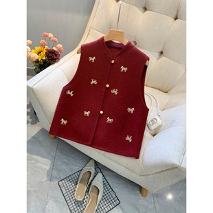 红色新中式毛呢背心马图案秋冬新款改良国风双面呢羊毛马甲女