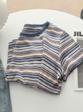 韩版复古拼色条纹正肩短袖T恤女夏季新款ins百搭小版型打底衫上衣