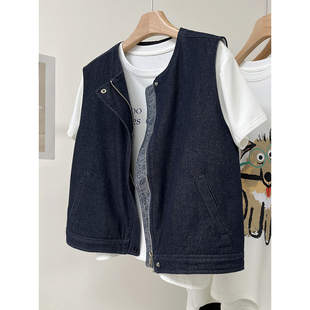韩系复古腰果花丹宁牛仔马甲女春秋新款 叠穿外套 拼接圆领拉链衫