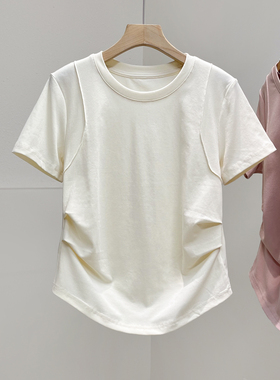 设计感褶皱收腰圆领短袖t恤女夏季新款短款修身正肩打底衫潮上衣