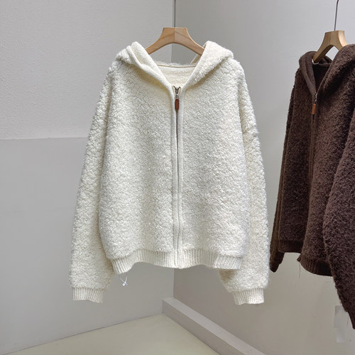 马海毛加厚连帽领圈圈外套女秋冬新款宽松显瘦拉链针织衫保暖毛衣