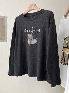 磨毛加厚双面澳绒小马印花灰色长袖T恤女秋冬新款保暖打底衫上衣