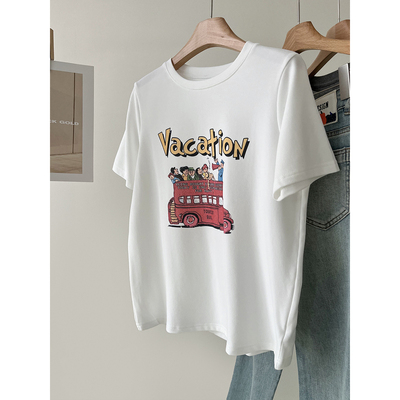 弹力棉质复古汽车印花正肩短袖T恤女春夏新款圆领显瘦休闲打底衫