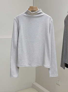 莱赛尔软糯亲肤半高领条纹正肩长袖T恤女秋冬内搭磨毛加厚上衣