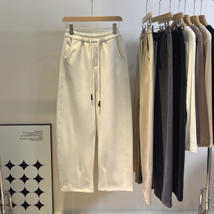 女冬加厚抽绳松紧腰阔腿裤 特价 高克重加绒斜纹米尼棉高腰休闲裤