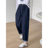 通勤九分牛仔哈伦裤 新款 宽松百搭显瘦弹力女深蓝色秋季 松紧腰韩版