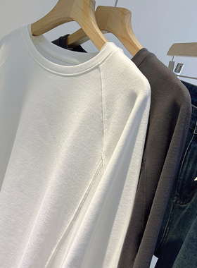 纯棉磨毛加厚亲肤长袖T恤女秋季新款圆领显瘦设计感纯色打底衫