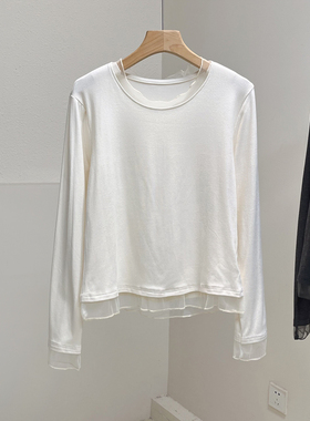 韩版蕾丝花边拼接长袖T恤女秋季新款修身显瘦圆领正肩打底衫上衣