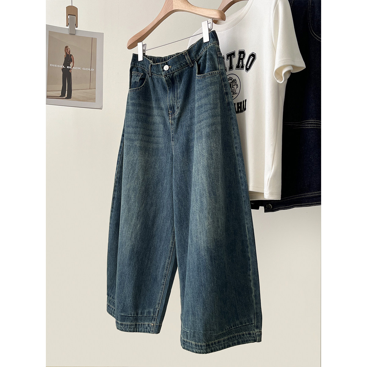 韩版复古水洗牛仔八分裤女早春新款半松紧腰显瘦宽松阔腿裤休闲裤