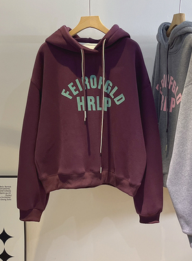 加绒~复古字母印花连帽卫衣女秋冬韩版紫色宽松慵懒风套头帽衫