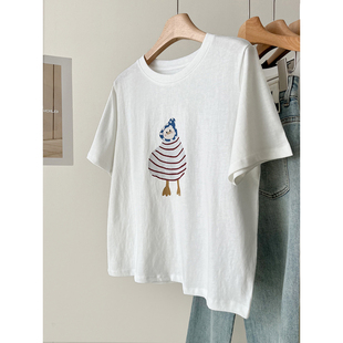 百搭显瘦打底衫 上衣 T恤女夏新款 雪花棉亲肤透气小鸭印花圆领短袖