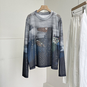 水墨扎染色印花网纱透明长袖 上衣 罩衫 T恤女夏新款 轻薄凉快防晒衫