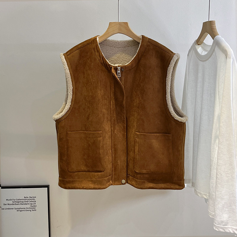 特价/皮毛一体仿羊羔毛马甲女秋冬新款复古麂皮绒大口袋坎肩外套