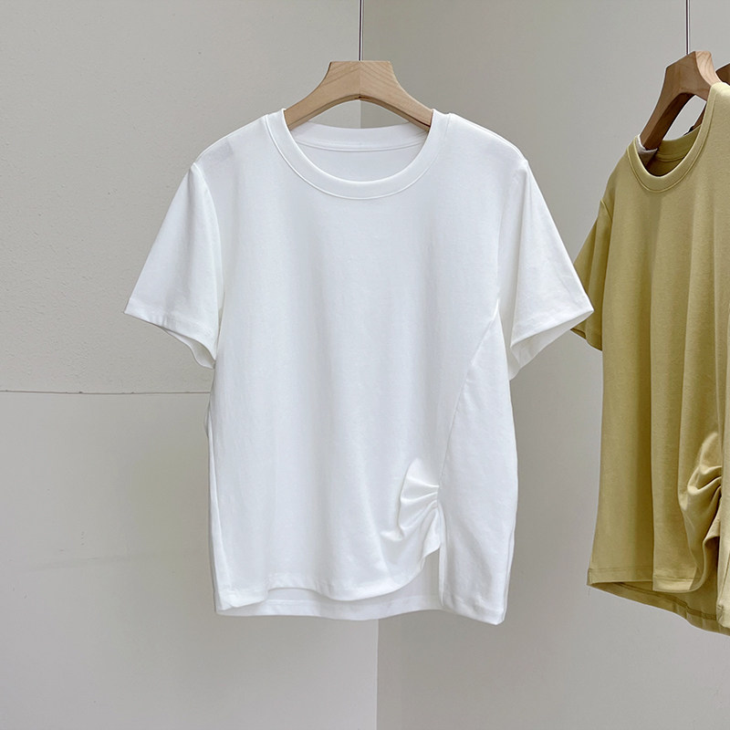 凉感天丝不规则下摆褶皱收腰短袖T恤女夏季显瘦圆领正肩短款上衣