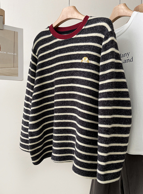 慵懒垂感仿兔绒条纹T恤女韩系复古牛角包刺绣圆领加厚打底衫秋冬