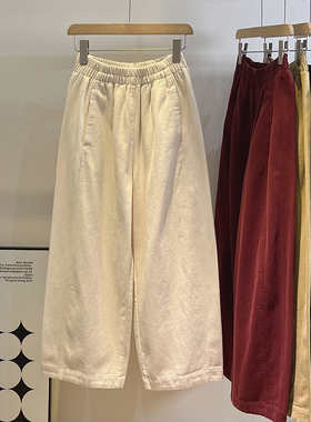 高克重~大厂斜纹棉加厚拼接休闲阔腿裤女秋冬高品质松紧腰长裤