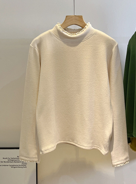 蕾丝领双面绒半高领打底衫女秋冬季减龄内搭简约德绒长袖上衣T恤