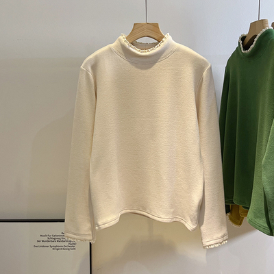 蕾丝领双面绒半高领打底衫女秋冬季减龄内搭简约德绒长袖上衣T恤