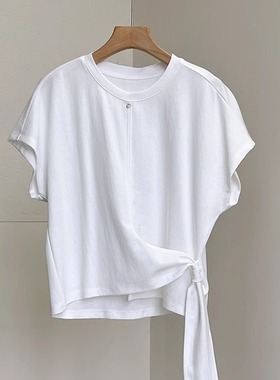 韩系纯色设计感侧绑带飞飞袖t恤女夏短款显瘦圆领收腰打底衫上衣