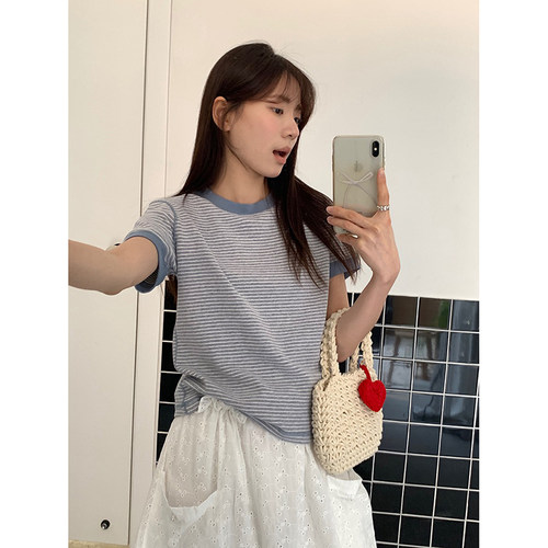 正肩小版拼接条纹圆领短袖T恤女春夏简约内搭韩版小个子短款上衣