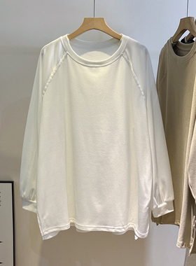 磨毛~亲肤收袖口下摆开叉打底衫女秋冬大版遮臀宽松圆领长袖T恤