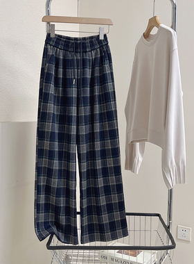 PP家 韩版藏青蓝格子直筒休闲裤女宽松休闲显白复古春秋薄阔腿裤