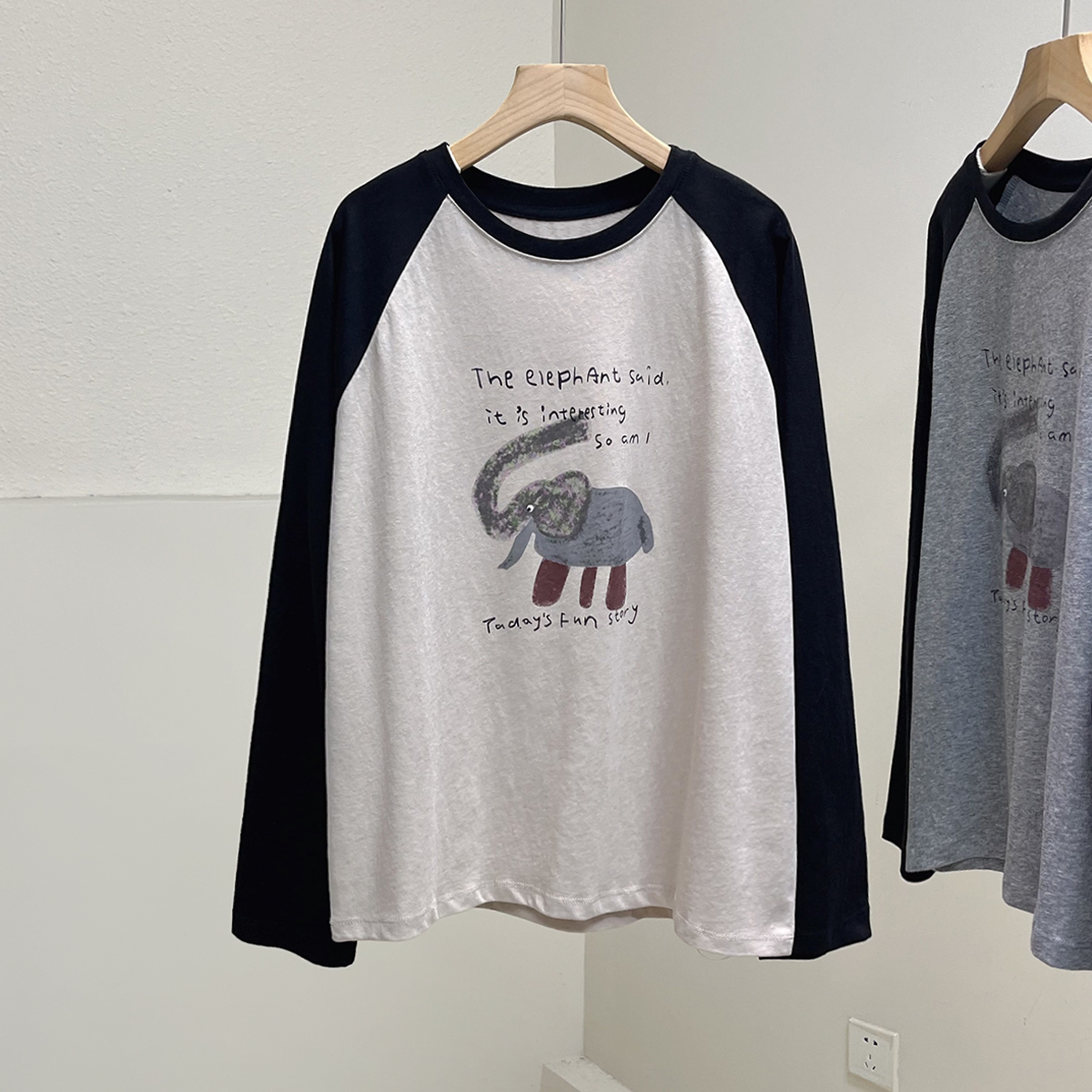 韩系大象印花插肩长袖T恤女秋季新款宽松休闲圆领上衣打底衫