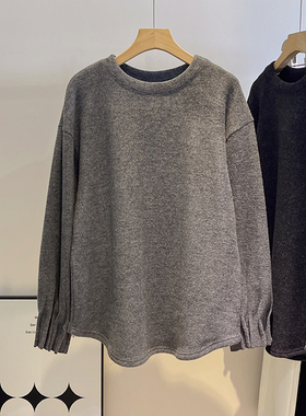 加绒设计感褶皱袖口圆领卫衣女秋冬保暖宽松显瘦百搭打底衫T恤