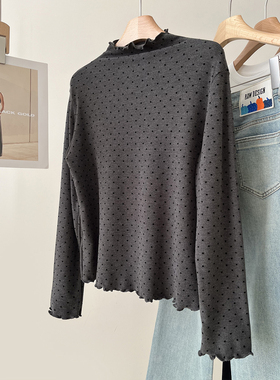 磨毛拉绒加厚韩版半高领木耳边波点长袖T恤女冬季新款=打底衫上衣