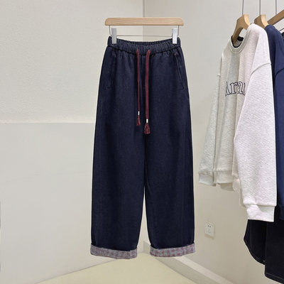 活性染复古磨毛植绒加厚牛仔休闲裤女秋冬新款格纹卷边哈伦九分裤