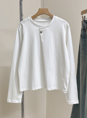 一粒扣~褶皱设计感圆领套头长袖T恤女宽松百搭显瘦打底衫上衣