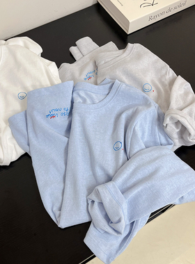 轻薄亚麻雪花棉刺绣防晒衣T恤圆领长袖慵懒宽松休闲上衣空调罩衫